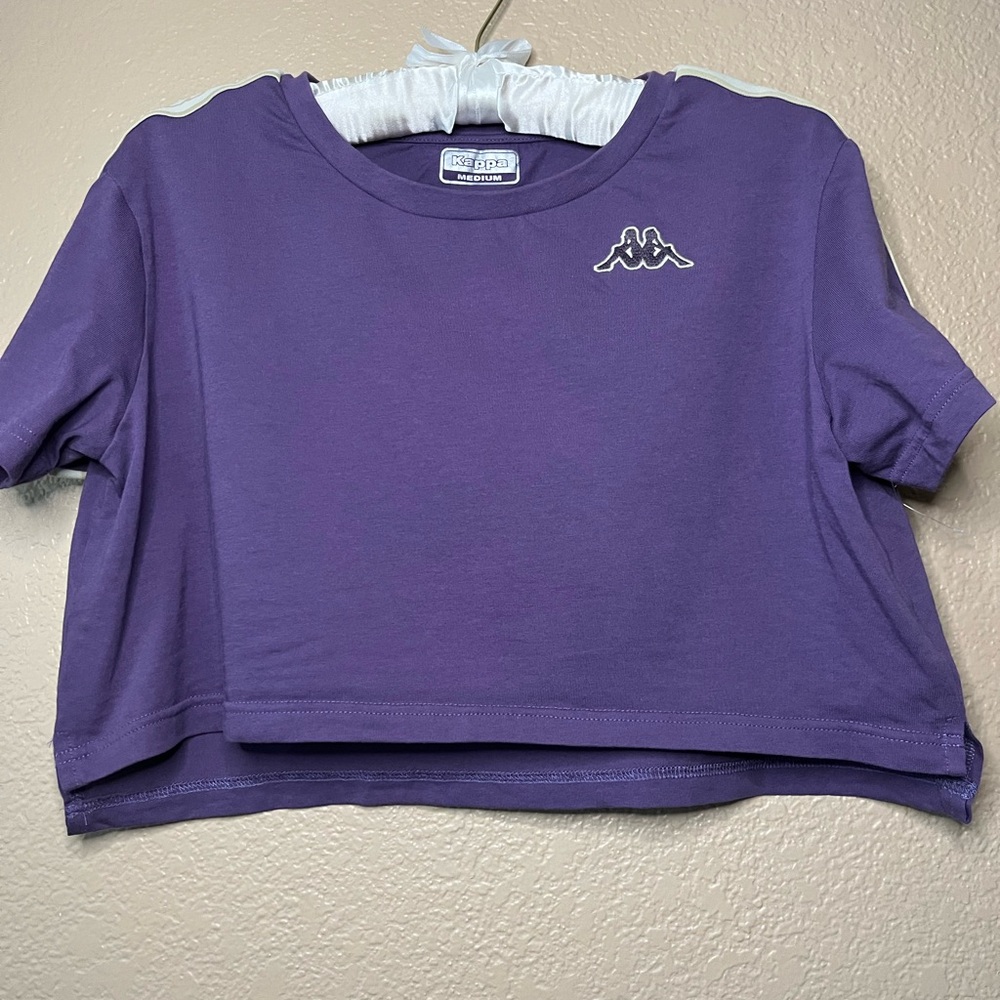 Vintage Kappa Y2K 100% Cotton Purple Cropped Boxy Logo crew tshirt shoulder tape